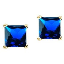 1Ct Simulated Blue Sapphire Stud Earrings Princess Cut 14K Yellow Gold Silver - £50.21 GBP