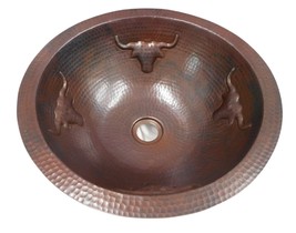 15&quot; Round Copper Bathroom Sink with Longhorn Steer Design, Drain Included - £148.85 GBP