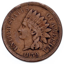 1859 1C Indian Cent VF Condition, Brown Color, Clear LIBERTY and Beads - €84,18 EUR