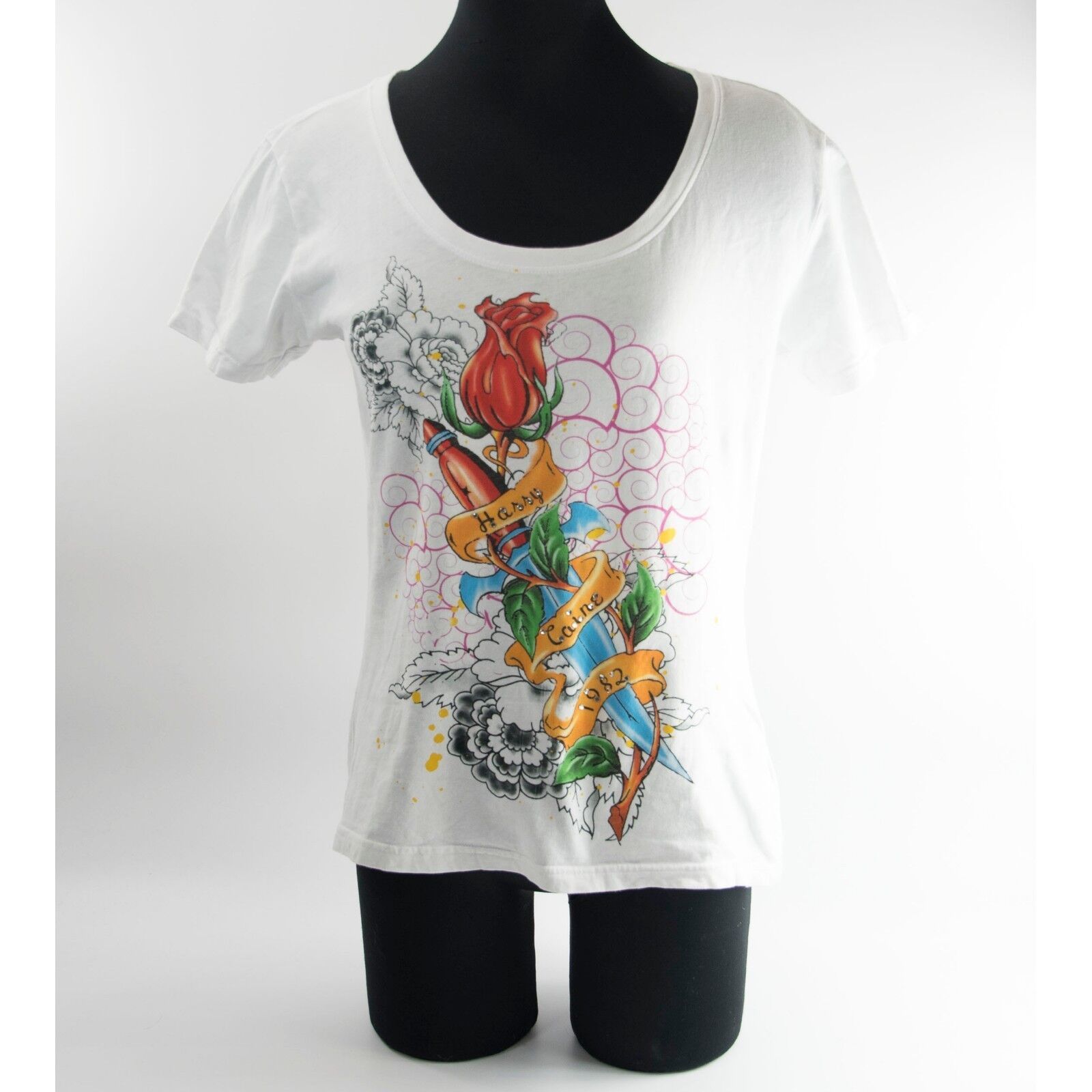 HallHuber White Crystal Tiger Floral Logo Graphic Slim Fit Babydoll T Sh... - $19.31