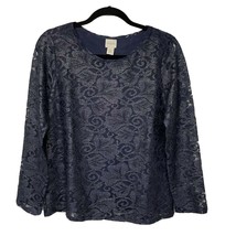 Chico&#39;s Gold &amp; Navy Blue Foil Lace Top Size 0 Small/4 Metallic Sheer Sleeves - $23.76