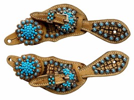 Tooled Brown Leather Youth / Girls Spur Straps w/ Turquoise Beaded Conchos - £15.79 GBP