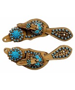 Tooled Brown Leather Youth / Girls Spur Straps w/ Turquoise Beaded Conchos - £15.69 GBP