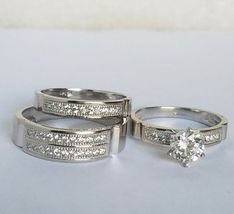 2Ct Round Sim Diamond Mens-Womens Trio Engagement Ring Set Sterling Silver 925 - £89.96 GBP