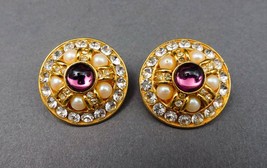 Blanca Vintage Round Gold Tone Cabochon Rhinestone Faux Pearl Clip Earrings - £118.14 GBP