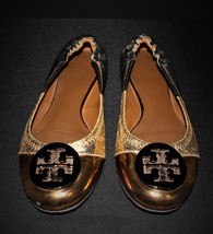 Tory Burch Reva Tri-Color Metallic Logo Ballet Flats Size 8.5M, AUTHENTIC  - £51.95 GBP