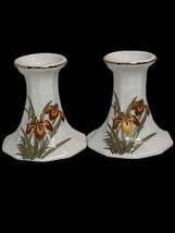 VINTAGE TWO CANDLE STICK HOLDERS FINE CHINA JAPAN IRIS GOLD 3.25"   - $9.80