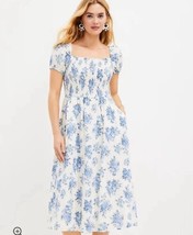 Loft Small Blue Floral Smocked Short Sleeve Cotton Cottagecore Dress - $37.42