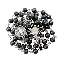 CATHOLIC ROSARY NECKLACE Black Hematite Beads and - £35.99 GBP