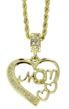 Mom Heart CZ Pendant Icy 14k Gold Plated w/ 24&quot; Rope Chain Women&#39;s Jewelry - £7.25 GBP