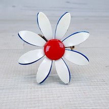 Vintage Enamel Red White Blue Flower 2.5&quot; Metal Brooch Pin Double Petals - £15.00 GBP