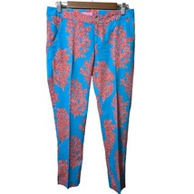 Lilly Pulitzer 4 Elaina Cigarette Pants Turquoise Coral Print Split Hem ... - $35.23