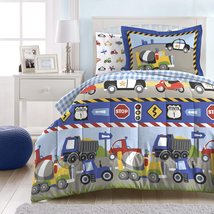 Bedding Comforter Sheet Set Trucks Tractors Cars Boys Twin Blue Red 5 Piece NEW - £41.50 GBP
