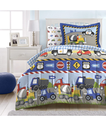 Bedding Comforter Sheet Set Trucks Tractors Cars Boys Twin Blue Red 5 Pi... - £40.95 GBP