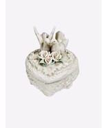 Trinket Box Love Birds and Flowers Ceramic Heart-shaped Vintage - £17.05 GBP