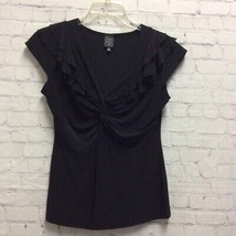 Suzie In The City Womens Casual Blouse Top Black Cap Sleeve Ruched Ruffle USA L - £12.07 GBP