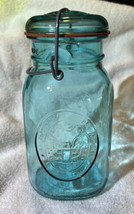 VTG Ball Jar Blue Green Bicentennial Celebration  Eagle 1qt Glass Wire Bale USA - £17.39 GBP