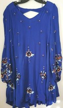 Free People Blue Oxford Babydoll Long Sleeve Embroidered V Neck Swing Dr... - £46.50 GBP