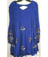 Free People Blue Oxford Babydoll Long Sleeve Embroidered V Neck Swing Dr... - $58.04