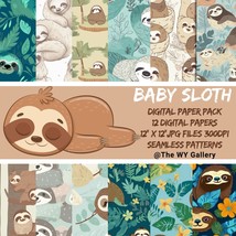 Baby Sloth Digital Paper Pack, Sleeping Sloth, Trees, Leaves, Pastel, Seamless - £2.16 GBP
