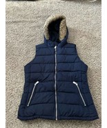 GAP Womens Navy Blue Winter Vest with faux fur-lined hood Size Small Ful... - $25.54 CAD