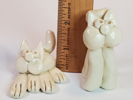 Handcrafted Cat Clay Figurines Articulated Pair White Whimsical Pair Car... - $18.76