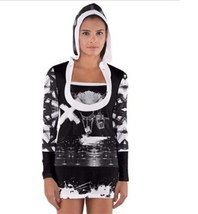 Long Sleeve Hooded women T-shirt with black and white signs modern arty ... - £30.68 GBP