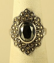 Vtg Sterling Sign Clark &amp; Coombs Hematite Stone Marcasite Cocktail Ring sz 5 3/4 - £39.56 GBP
