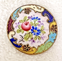 Victorian Pink Rose Blue Floral Enamel Button 1 1/8&quot; Colorful Edge Great... - £42.88 GBP