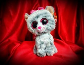 Ty Beanie Boos Kiki Grey Striped Cat 6&quot; Stuffed Animal Glitter Sparkle Pink Eyes - £6.28 GBP