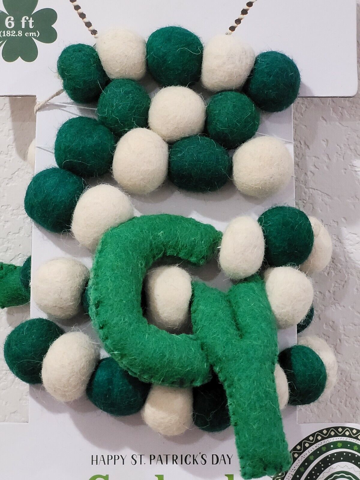 St Patrick&#39;s Day Green Wool LUCKY Garland Mantel Home Decor 6FT - $29.99