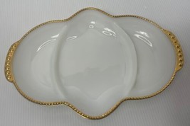 Fire King Milk Glass 3-Part Relish Dish Gold Trim Serving Dish Made in USA 11” - £8.92 GBP