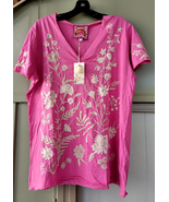 new Johnny Was Marseille Embroidered Pleat Front V-Neck Short Sleeve Tee in Rose - $110.00