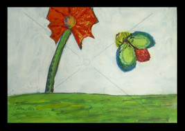 Red Flower And The Bug ~ Original Oil Painting ~ Kitsch Pop Art Cathy Peterson - $174.76