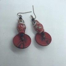 Dangle Earrings Matryoshka Dolls Red Vintage Plastic Buttons Handmade kitsch - £11.86 GBP