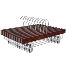 24 Pack Retro Wooden Pants Hangers With Clips, Walnut Wood Skirt Hangers Trouser - £51.05 GBP