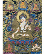 Hand-painted White Tara Tibetan Thangka Painting, Art on Canvas, 18 x 24... - $175.00
