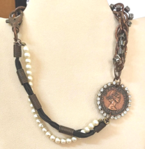 VTG Necklace w/ New Zealand 1960 One Penny Coin Pearl / Rhinestone ONE-O... - $59.95