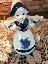 Vintage Delft Blue Bell Dutch Girl Milk Maid Figurine Hand Painted Gold Accents - £6.36 GBP