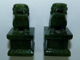 Pair Vintage Chinese Fou Shishi Dogs, Fine Details Emerald Green Stone, ... - $87.40