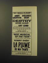 1959 Broadway Plays Ad - Destry Rides Again and La Plume de ma Tante - £14.60 GBP