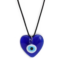 Heart Star Round Pendant Necklace Long Leather Chain Glass Blue Turkish Necklace - £12.90 GBP