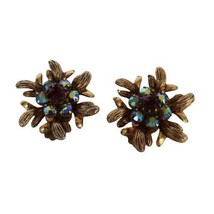 Vintage gold tone &amp; purple AB rhinestone abstract flower clip on earrings - £15.94 GBP