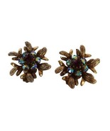 Vintage gold tone &amp; purple AB rhinestone abstract flower clip on earrings - £15.97 GBP