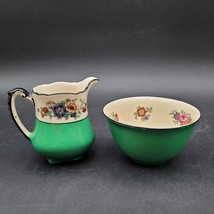 Antique c.1880 Wedgwood &amp; Co England Green Floral Bone China Creamer &amp; S... - £18.63 GBP