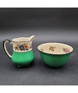 Antique c.1880 Wedgwood &amp; Co England Green Floral Bone China Creamer &amp; S... - $33.90 CAD