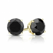 2.75CT Black Round Brilliant Solid 18K Yellow Gold Screwback Stud Earrings - £171.23 GBP
