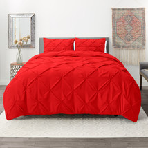 Cherry Red Full Pinch Pleat Duvet Cover Set 3Pc Luxurious Pintuck Style - £46.33 GBP