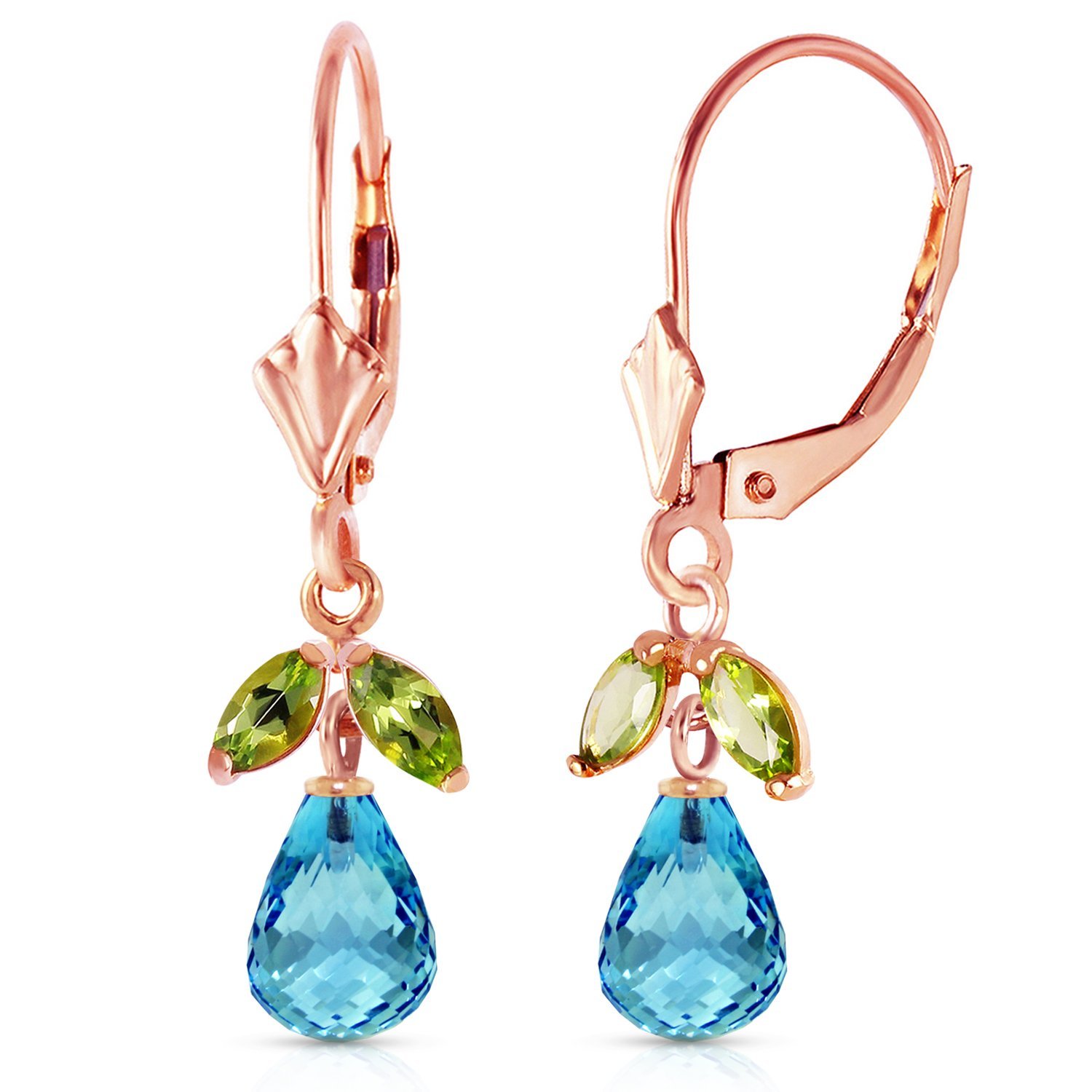 14k Rose Gold Leverback Earrings with Blue Topaz and Peridots - $350.45+