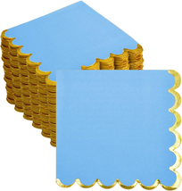 Blue Paper Napkins Gold Foil Scalloped Cocktail Napkins 200 Pack Blue Disposable - £10.03 GBP